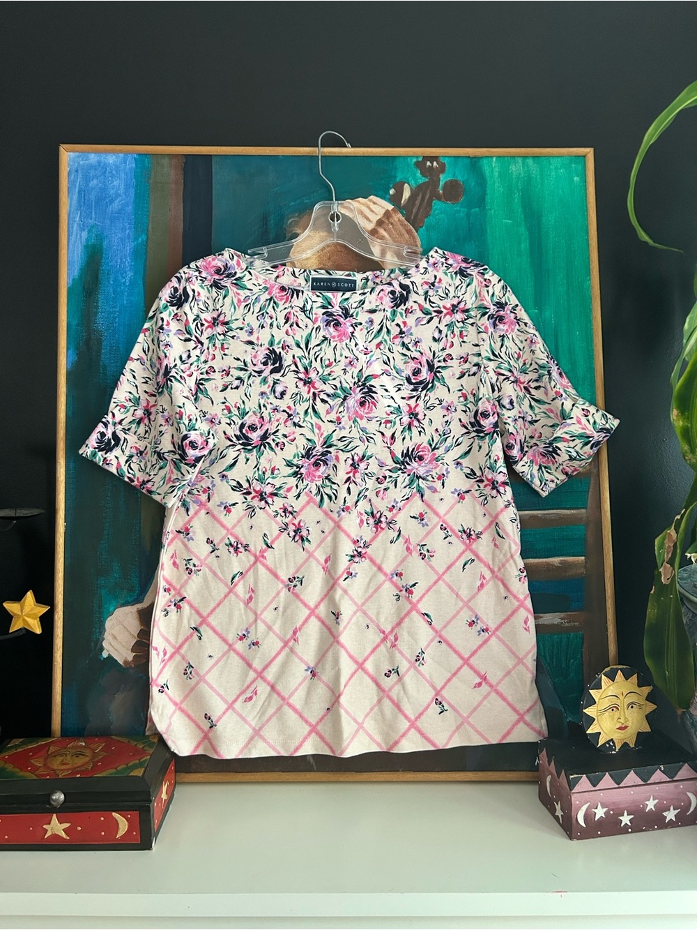 Karen Scott Pink Floral Plaid Short Sleeve Top Womens Petite Large PL